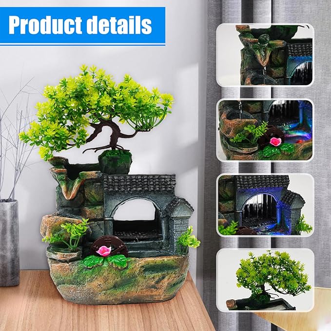 Tabletop Waterfall Fountain – 11 in Rockery Humidifier with Color-Changing LED Light, Adjustable Pump & Faux Bonsai Tree, Resin Indoor Desk Fountain Décor for Bedroom, Office, Aquarium, Meditation