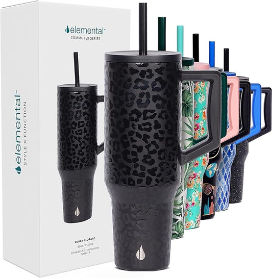 Elemental 40 oz Tumbler with Handle and Straw - Spill Proof Insulated Stainless Steel Commuter for Hot and Cold Beverages - Travel Coffee Mug with 2 Straws & Spill Proof Lid - 40oz - Black Leopard - Bloomnest