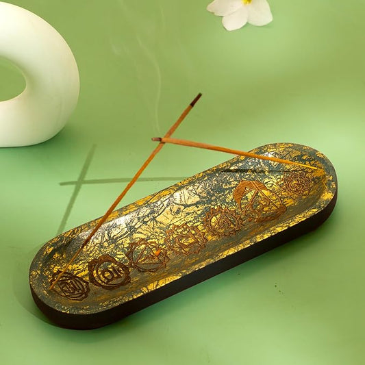 Hand Carved Incense Holder-Incense Burner/Ash Catcher/Handmade Wooden Insence Tray – Modern Gift Home/Room/Seven Chakra Blue Gold Kitchen Décor Size 11x4x1.5 Inches - Bloomnest