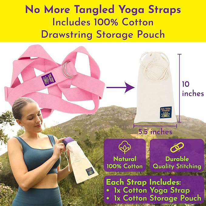 Adaptive Yoga Strap, Stretching Strap, 2 Inches Wide, 100% Naturally Soft Cotton, Steel D-Rings, Includes Natural Cotton Drawstring Storage Pouch and Instructional E-Book - Bloomnest