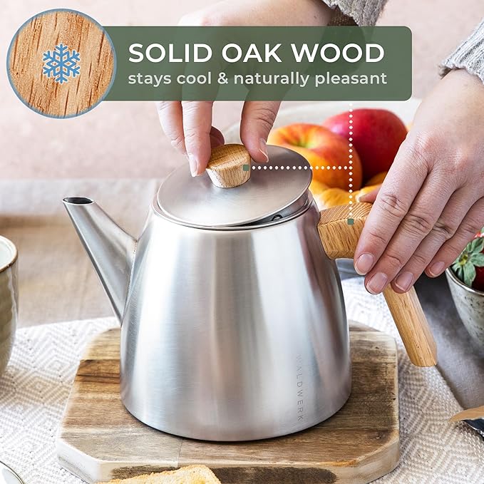 WALDWERK Tea Pot with Infuser - Double Wall Stainless Steel Teapot - Tea Pot with Infuser for Loose Tea - Made from 304 Stainless Steel and Oak Wood - Isolated Teapot with Strainer - 100% Drip Free - Bloomnest