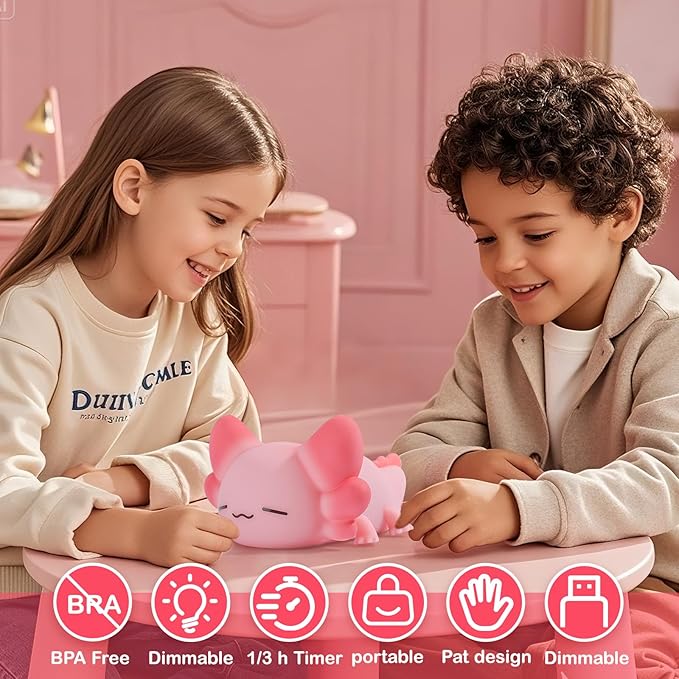 Tremdwoto Axolotl Night Light for Kids, 7 Color Changing Cute Axolotl Lamp，Dimmable &1/3 H Timer, USB Rechargeable Silicone Nursery Nightlight for Kid Bedroom Decor Axolotl Gift for Boys and Girls - Bloomnest