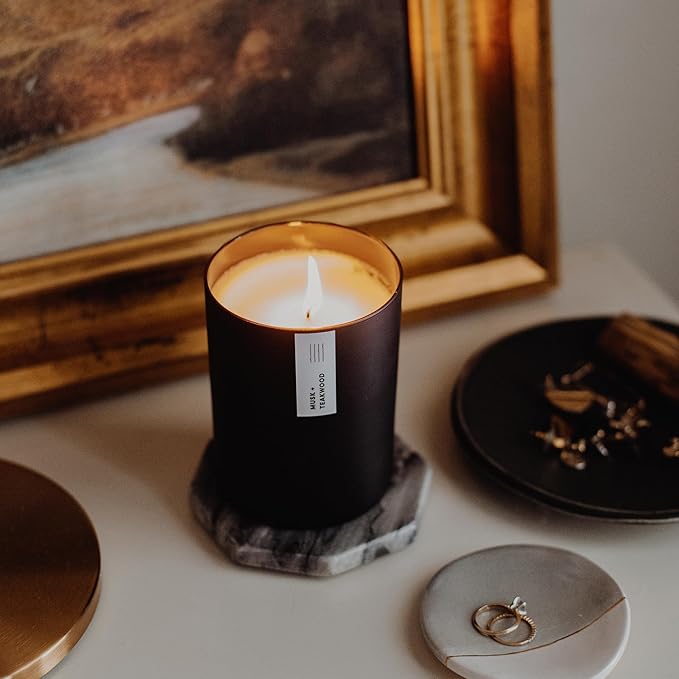 Calyan Wax Co. Musk & Teakwood Scented Candle - 75 Hour Burn - Luxury Non Toxic Soy Wax Candles - Long Lasting Black Tumbler Jar Candle for Home - 10.2oz - Bloomnest