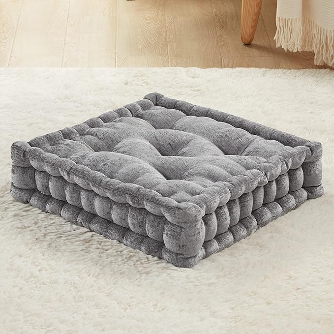 Codi INNA Floor Pillow, Cute Cushions Sitting for Adults - Square Tufted Chenille Pillows Seat for Meditation, Living Room, Reading Nook, Charcoal