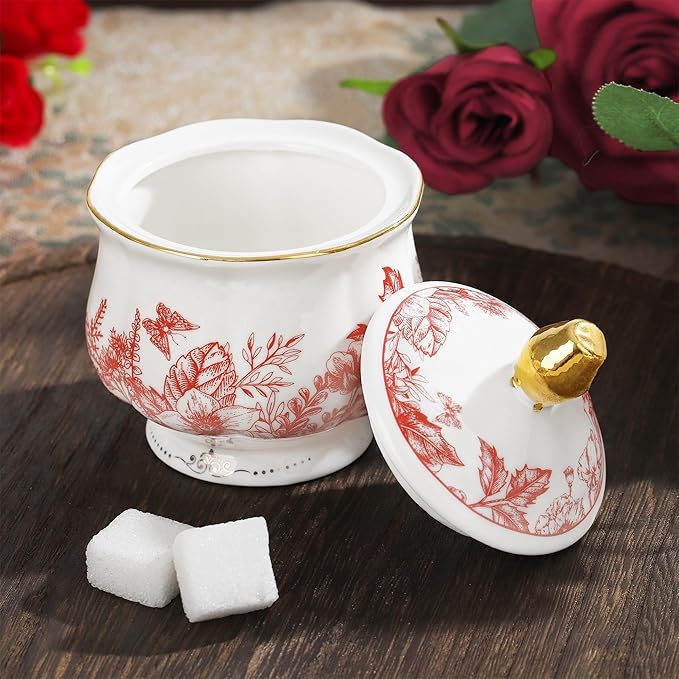 fanquare Vintage Porcelain Tea Set with Holder, 22 Piece Red Floral New Bone China Tea Coffee Gift Sets for Wedding Birthday, 6 Tea Cup and Saucers for Women Tea Party - Bloomnest