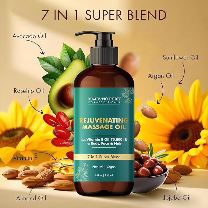 MAJESTIC PURE Vitamin E 70k Blend Massage Oil for Massage Therapy - Refreshing, and Relaxing - Natural Oils with Sweet Almond, Jojoba, Argan & Avocado - for All Skin Types - Men and Women - 8 fl oz - Bloomnest