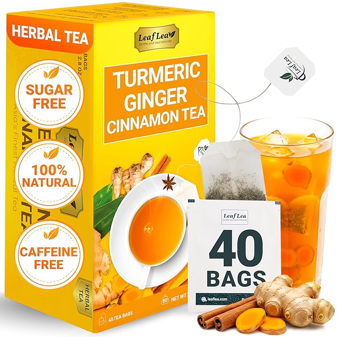 LeafLea 40 Turmeric Ginger Cinnamon Tea Bags, 100% Natural Ingredients Herbal Tea, Turmeric Ginger Herbal Blend for Wellness, Vegan, No Sugar, Caffeine-Free, Individually Wrapped for Freshness - Bloomnest