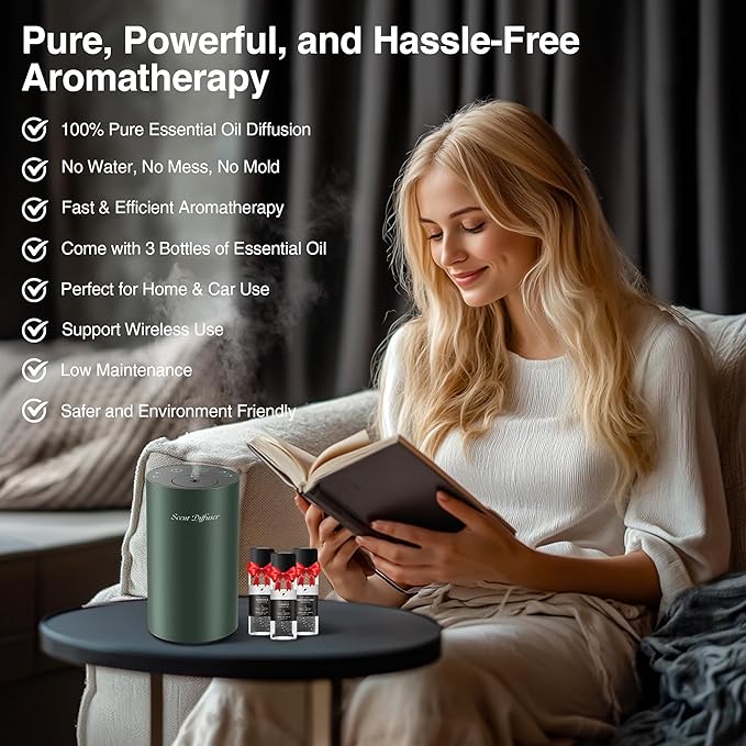 Waterless Essential Oil Diffuser Starter Kit - No Water Needed, Battery Operated Mini Scent Air Machine, Included 3x20ML Essential Oils, Portable Aromatherapy Diffuser for Home & Car & Office, Green - Bloomnest