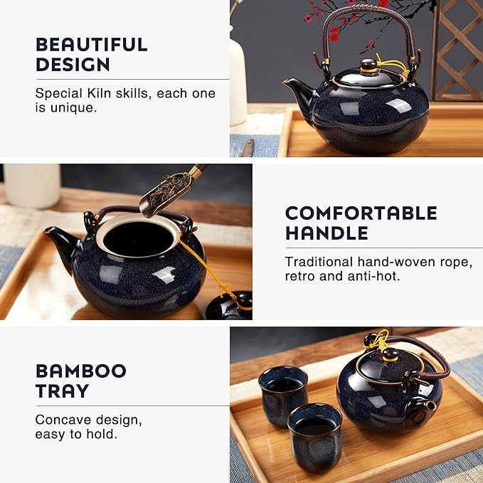 DUJUST Japanese Tea Set for 6, Kiln Altered Glaze Porcelain Tea Set with 1 Teapot, 6 Tea Cups & 1 Tea Tray, Unique Chinese Tea Sets for Adults/Tea Lovers/Women/Men, Dark Blue - Bloomnest