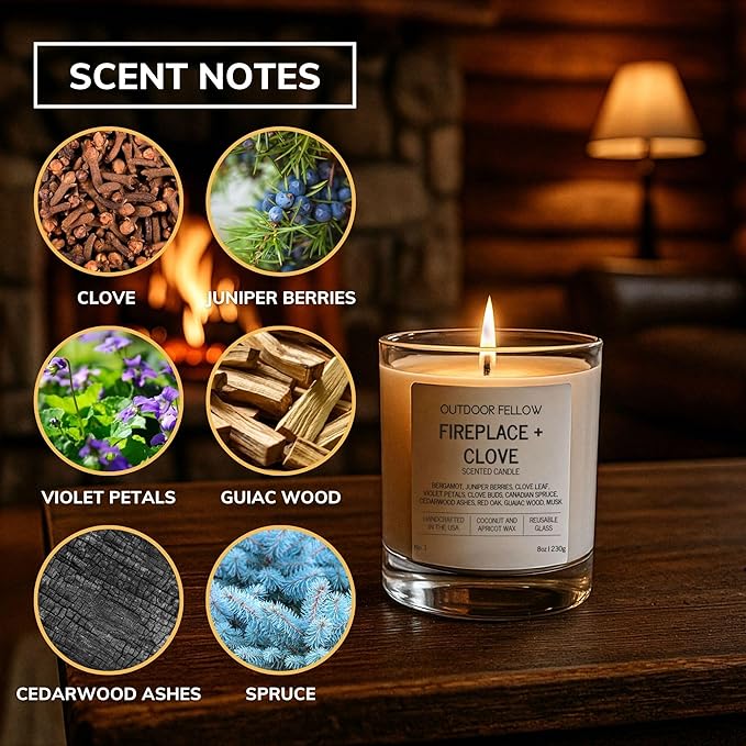 Outdoor Fellow Fireplace and Clove Scented Candle, 8oz, Coconut & Apricot Wax Blend, Bergamot, Clove Buds, Cedarwood, Reusable Glass, 40-50 Hour Burn Time - Bloomnest