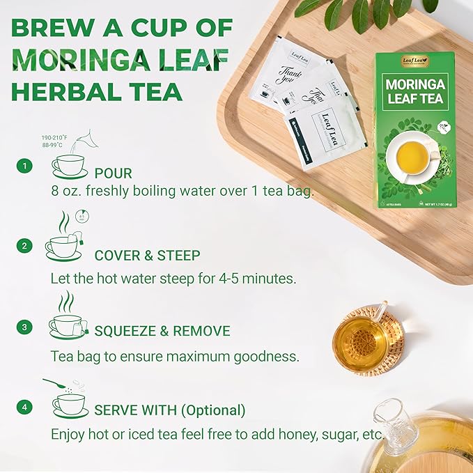 LeafLea Moringa Tea, 120 Fresh-Sealed Tea Bags, Premium Herbal Blend from 100% Natural Moringa Leaves, Supports Digestion & Immune Health, Caffeine-Free, Sugar-Free, Vegan, Non-GMO - Bloomnest