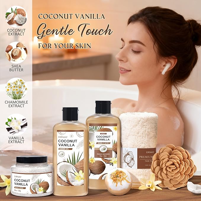 Christmas Gifts For Women - 16 PCS Birthday Gift Basket for Women Set of Coconut Vanilla Self Pampering Set, Includes Luxurious Home Spa Shower Gel Bubble Bath - Bloomnest