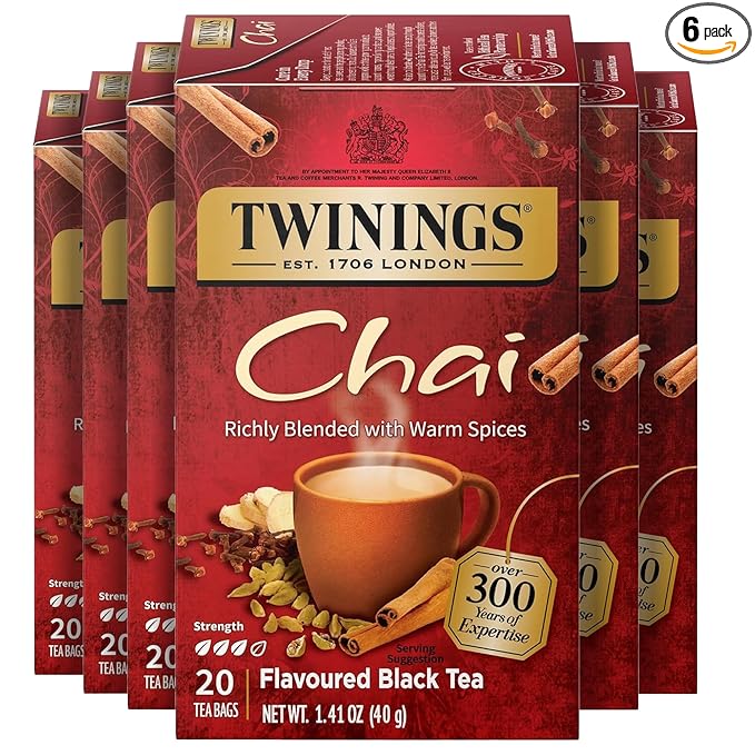 Twinings Chai Black Tea Individually Wrapped Bags, 20 Count (Pack of 6), Sweet, Savoury Spices, Caffeinated, Enjoy Hot or Iced, 120 Teabags - Bloomnest