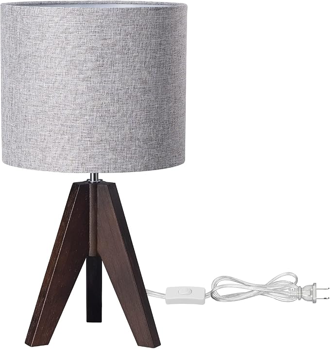 EDISHINE Boho Small Table Lamp, Walnut Color Wooden Tripod Bedside Lamp, Farmhouse Nightstand Lamp for Nursery, Bedroom, Office, Kid Room, Living Room, Grey Linen Lampshade, E26 Socket, 14.2 Inch - Bloomnest