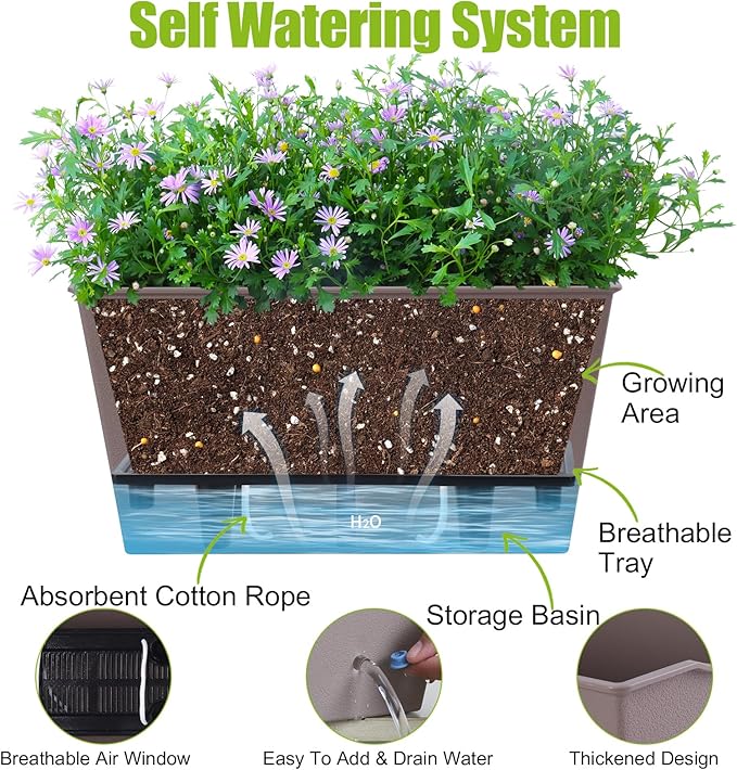 Window Box Planter 6 Pcs, 12.6 Inches Self Watering Rectangle Flower Plant Pots with Drainage Holes & Breathable Trays, Vegetable Planters for Windowsill Patio Garden Balcony Porch Yard (Khaki) - Bloomnest