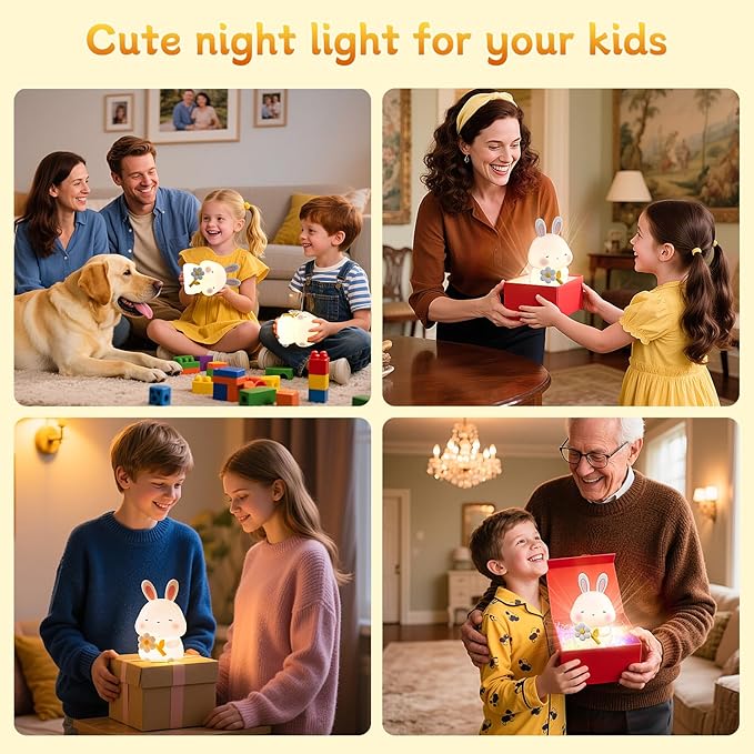 Bunny Night Light for Kids, Cute Rabbit Soft Silicone Lamp, Baby Nursery Nightlight, Touch Dimmable, 1200mah Battery, Kawaii Stuff Home Decor, Christmas Holiday Gift for Girl,Boy,Toddler - Bloomnest