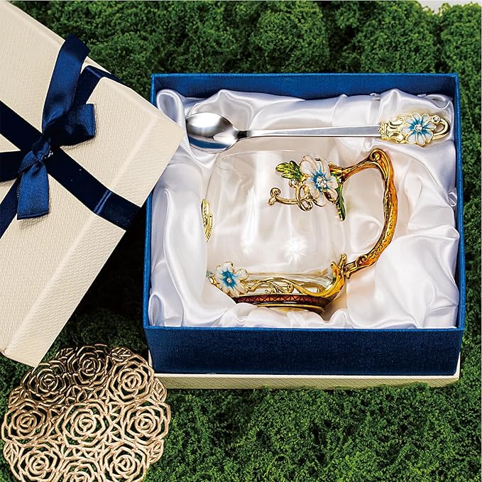 Flower Tea Cup ,Butterfly Daisy Clear Glass Fancy Coffee Mug with Spoon,Gift Box, Hot And Cold Drinks Use,For Her Mom Wife Grandma Girls Friends Valentines Christmas Birthday Present Idea for Juice - Bloomnest