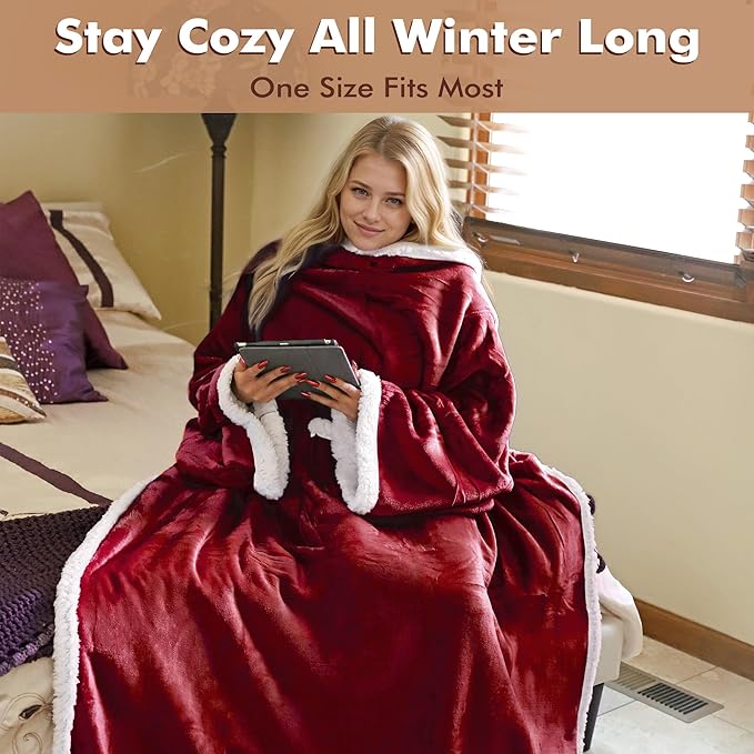 Tirrinia Sherpa Wearable Blanket With Sleeves, Full Body Throw Reading Wrap TV Blankets - Bloomnest