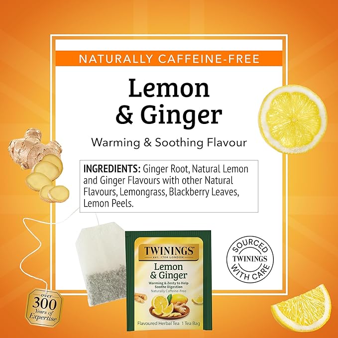 Twinings Lemon & Ginger Herbal Tea Individually Wrapped Bags, 25 Count (Pack of 6), Spicy Ginger, Lemon Peel, & Lemongrass, Naturally Caffeine-Free, Enjoy Hot or Iced, 150 Teabags - Bloomnest