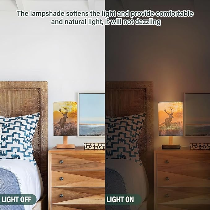 Table Lamp Red Deer Antler in Sunset Woodland Forest Nightstand Lamp with Wood Base Fabric Lamp Shade Bedside Desk Lamp for Living Room Bedroom Kids Room Office - Bloomnest