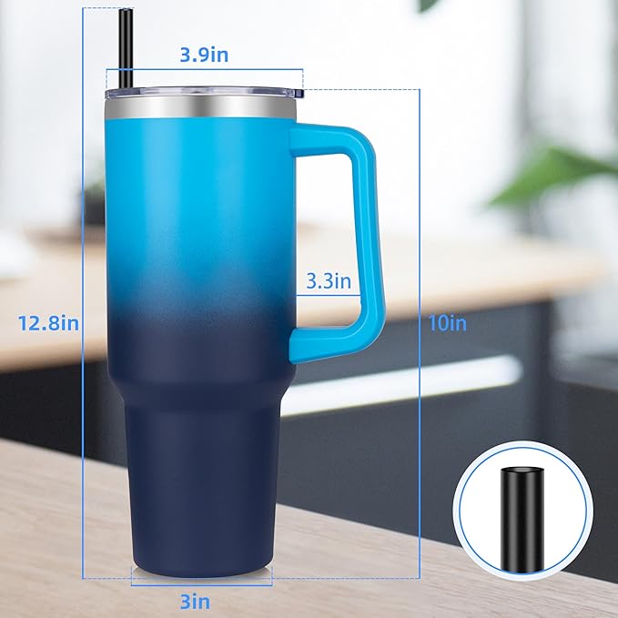 DOMICARE 40 oz Tumbler with Handle and Straw, Stainless Steel Tumbler with Lid and Straw, Reusable Vacuum Insulated Cup, Travel Coffee Mug, Blue Gradient, 1Pack - Bloomnest
