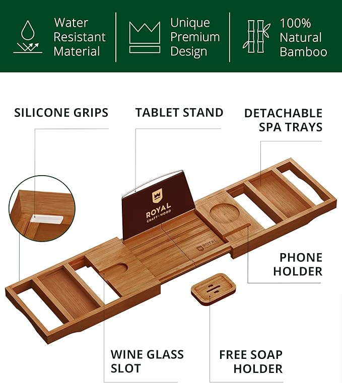 ROYAL CRAFT WOOD Premium Foldable Bathtub Tray - Wood Bath Tray for Tub, Bamboo Shelf, Expandable Bath Table Trays, Bathtub & Bathroom Accessories for New Home Gifts for Mom - Bloomnest