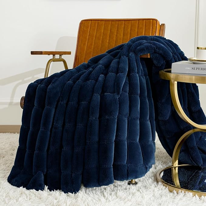 Touchat Faux Fur Blanket Twin Size, Luxury 1000GSM Ultra Thick Warm Rabbit Blanket for Couch Bed Sofa, 3D Checkered Pattern Soft Winter Heavy Minky Blankets for Women Christmas Birthday Gift, Blue - Bloomnest