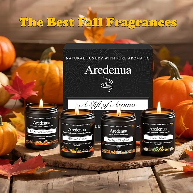 Fall Candles Set – 4 Pack Holiday Scented Soy Candles, 28oz Cozy Winter Candle Scents of Cinnamon, Vanilla Bean & Harvest,Pumpkin | Thanksgiving & Christmas Candle Gifts for Women Men - Bloomnest