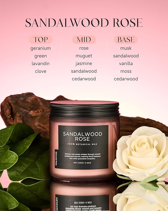 M&SENSE Sandalwood Rose Scented Candle - 11.6oz Natural Soy Wax Non Toxic 70-Hour Burn Long Lasting Candle, 2-Wick Strong Scent for Home - Slow-Burning Housewarming Gift for Men & Women - Bloomnest