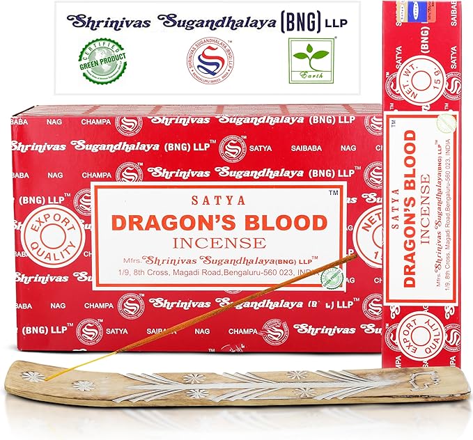 Satya Dragon Blood Incense Sticks, Satya Bng (Bangalore) Insenses 15gmx12 Pack with Raajsee Incense Holder Bundle, Satya Nag Champa Natural Incense - Bloomnest