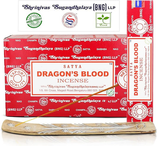 Satya Dragon Blood Incense Sticks, Satya Bng (Bangalore) Insenses 15gmx12 Pack with Raajsee Incense Holder Bundle, Satya Nag Champa Natural Incense - Bloomnest