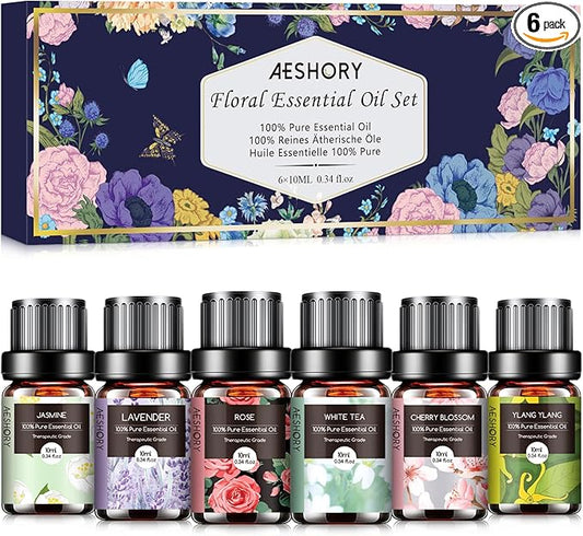 Floral Essential Oils Set - 6x10ML Fragrance Oil for Diffusers, Massage, Aromatherapy, Candle Making - Lavender, Rose, White Tea, Jasmine, Ylang-Ylang, Cherry Blossom Scented Oil - Bloomnest