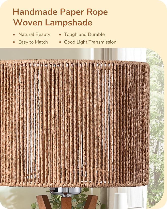 EDISHINE 17.5" Rattan Table Lamp, Wood Bedside Lamp with Handmade Paper Rope Woven Lampshade, Nightstand Lamp for Living Room, Bedroom, E26 Base, ON-Off Switch - Bloomnest