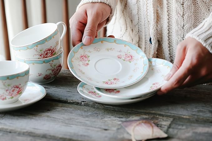 Jusalpha Fine China Tea Sets Vintage Rose Flower Series Coffee Cup-Teacup Saucer Spoon Set with Teapot Warmer & Filter (Rose Glass pot 03) - Bloomnest