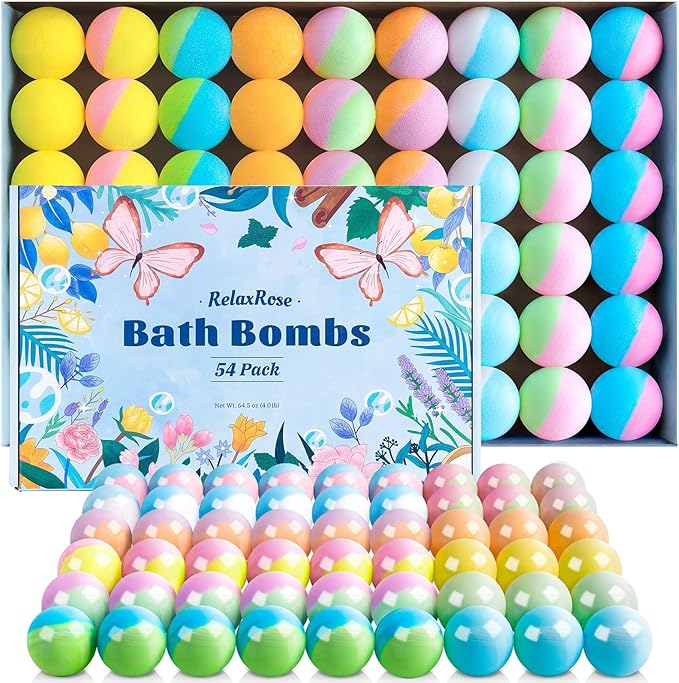54 Pack Handmade Bath Bombs – 11 Vibrant Colors & 9 Unique Scents, Long-Lasting Fizzy Bubbles & Colorful Magic, 7-Minute Dissolve for Relaxation, Perfect for Birthdays & Summer Self-Care - Bloomnest