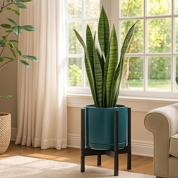 D'vine Dev Ceramic Planter with Ebony Stand - 12 Inch Modern Round Flower Pot with Wood Planter Holder, Teal, 55-B-H-4 - Bloomnest