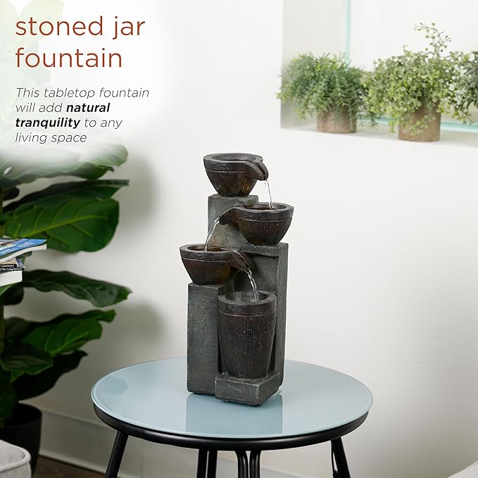 Alpine Corporation TZL416 14" Stoned Jar Water Fountain with Cascading LED Lights, Stylish Tabletop Water Feature for Home, Office, Living Room, Bedroom & Desk Decor, Gray - Bloomnest