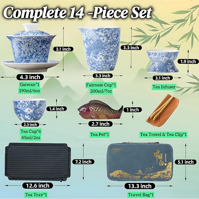 ICHAG Chinese Tea Set, Gongfu Tea Sets for Adults, Asian Gaiwan Teaset, 14-Piece Yangzhi Jade (羊脂玉茶具) with Suspended Gaiwan & Tea Pet, Portable Travel Teaset for Home, Outdoor, Office Gifts - Bloomnest
