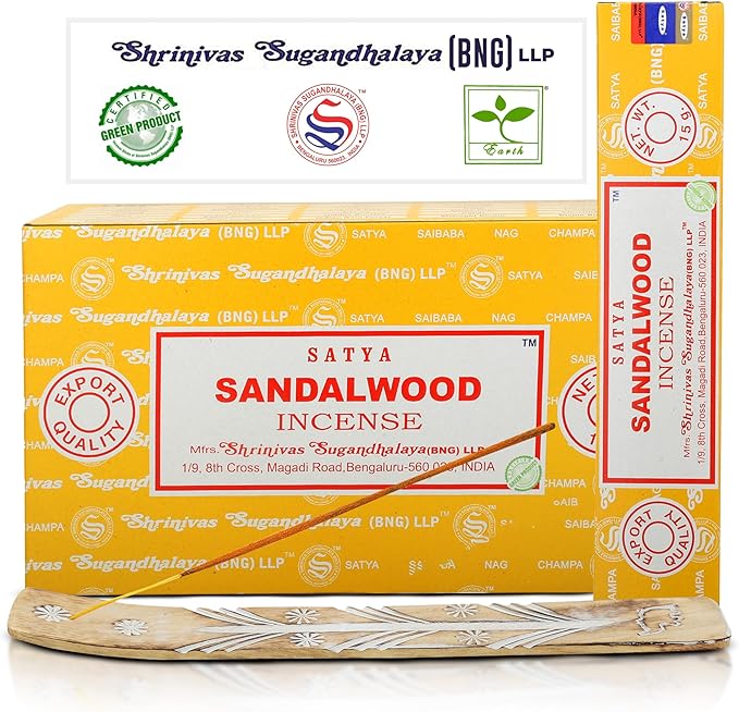 Satya Sandalwood Incense Sticks, Satya Bng Insens 15gmx12 Pack with Raajsee Insence Holder Bundle, Satya Nagchampa Natural Incence - Bloomnest