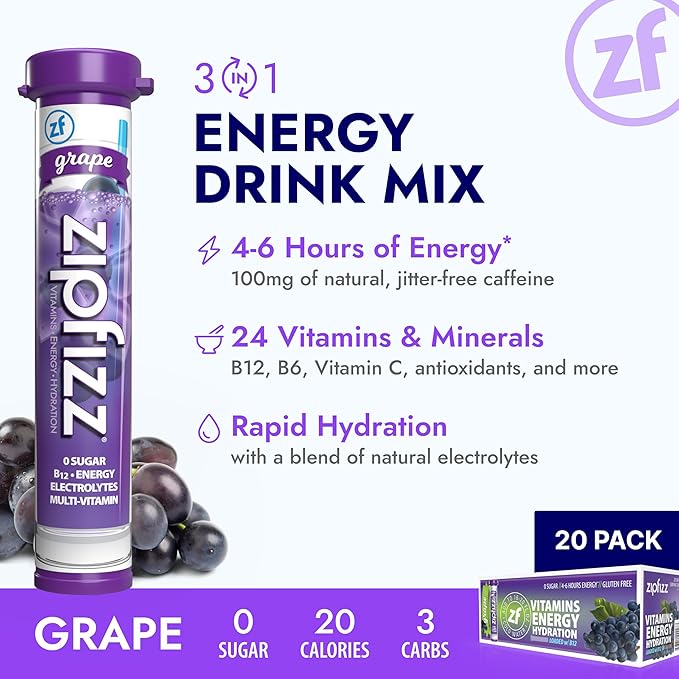 Zipfizz Daily Energy Drink Powder, Grape, 20 Pack | 3-in-1 Sustained Energy, Rapid Hydration, and Essential Vitamins | Sugar-Free | Electrolyte Powder | Contains Vitamin B-12 & Antioxidants - Bloomnest