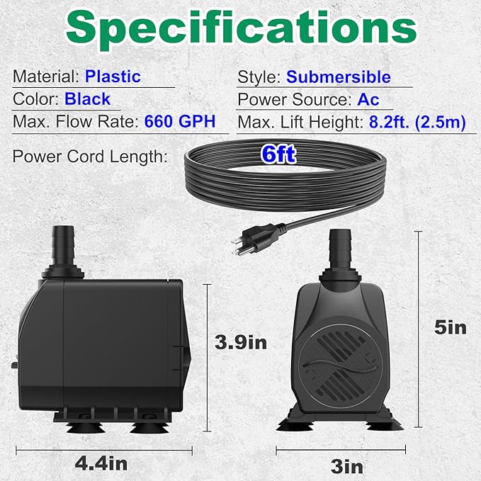 Submersible Pump 660GPH (2500L/H 45W) Ultra Quiet with Over Heating Protection 8.2ft High Lift for Fountains, Hydroponics, Ponds, Aquariums & More… - Bloomnest