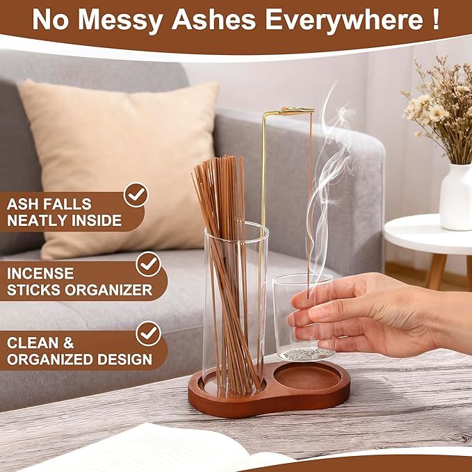2 in 1 Incense Holder for Sticks, Wooden Incense Holder for Sticks with Glass Ash Catcher, Anti-ash Incense Burner with 20 Incense Sticks and a Ash Brush for Meditation Yoga Spa Room Decor