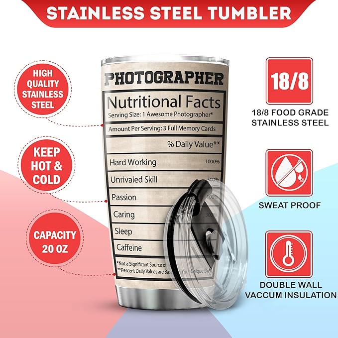 Photographer Nutritional Facts Tumbler I Shoot People And Sometimes Cut Off Their Heads Funny Saying Coffee Cup With Lid 20oz Things For Photographers Camera Photography Gift - Bloomnest