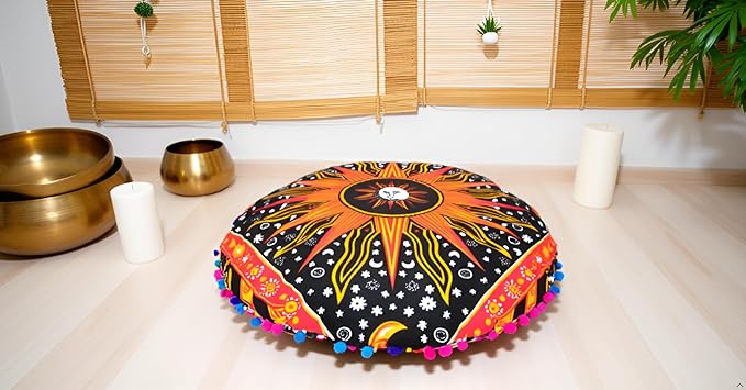 CRAFT KALA Large Round Bohemian Floor Pillow Pouf Cover Mandala Meditation Room Pillow Cover for Adults Boho Seating Poufs Cushion Cover for Kids Playroom 32" Round Orange Burning Sun - Bloomnest
