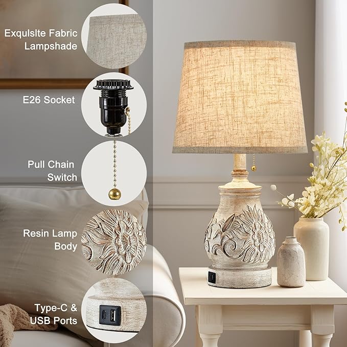 19.5'' Farmhouse Table Lamps for Bedrooms Set of 2 Vintage Bedside Lamps for Nightstand with USB Charging Ports Traditional Rusic Side Table Lamps for Living Room Wooden Carved Floral, Pull Chain - Bloomnest