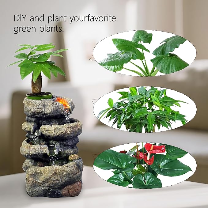 Kalona Tabletop Waterfall Fountain Rockery Fountains Soothing Sound Tabletop Fountains Home/Office Decor with a Small Plastic Pot to Grow The Plant by Yourself(Automatic Watering)(22020) - Bloomnest