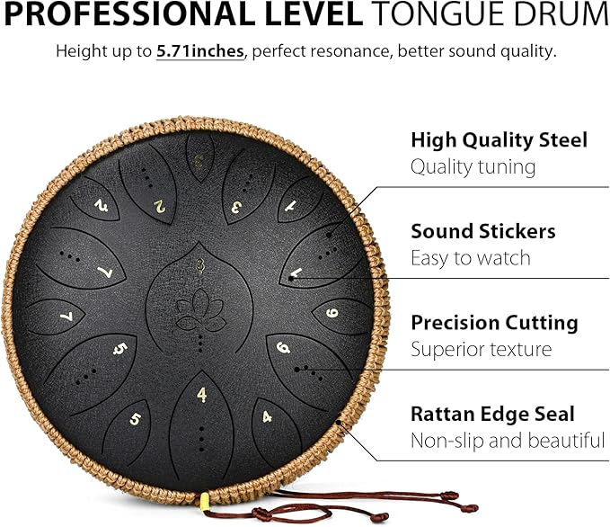 Steel Tongue Drum 13 Inches 15 Notes, Hand Pan Drums for Adults 440hz, C Major Handpan Musical Instrument with Song Book, Mallets and Carry Bag, Black - Bloomnest