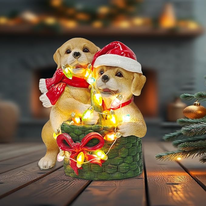 Dog on Box Sculpture -Handmade Resin Figurine, Festive Pet Lover Gift, Holiday Home Decor with Santa Hat - Bloomnest