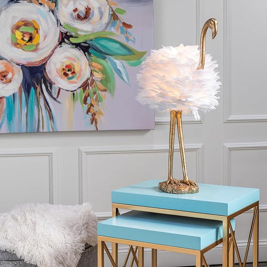 Crestview Collection 29.5" H Polished Gold Flamingo Table Lamp with Feathered Shade - Bloomnest