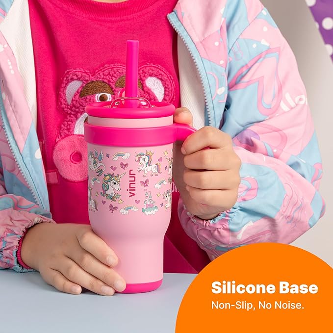 VINUR Kids 14 oz Tumbler with Handle-Reusable Stainless Steel Vacuum Insulated Tumbler with Lid and Straw, Leak Proof Water Cup for Travel(Unicorn) - Bloomnest
